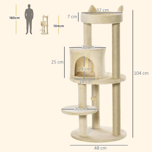 Árvore Arranhador para Gatos com Plataforma Caverna Postes de Sisal e Bola Suspensa 48x48x104 cm Bege