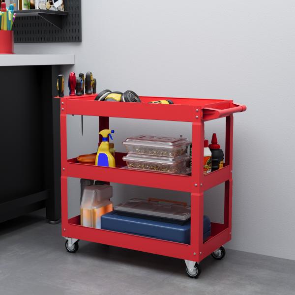 Carrinho de Ferramentas com Rodas 3 Prateleiras de Armazenamento e Alça Lateral 83x35,3x76 cm Vermelho