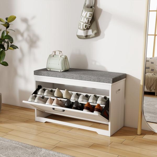 Banco Sapateira Moderno com Assento Acolchoado Prateleira Ajustável para 8 Pares de Sapatos 80x30x50 cm Branco