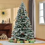 Árvore de Natal Ø140x225cm Neve Artificial com 1083 Pontas de PVC Base Dobrável e Suporte de Metal Decoração de Natal para Interiores Verde e Branco