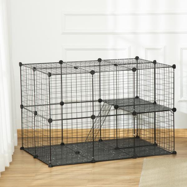 Recinto para Animais de Estimação de 3 Níveis com Rampas e Desenho Personalizável 70x70x105 cm Preto