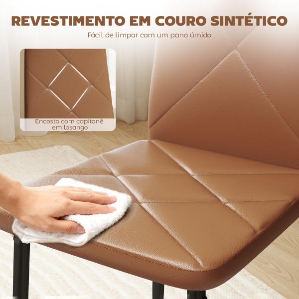 Conjunto de 4 Cadeiras de Jantar Estofadas em Couro Sintético com Encosto Alto e Pernas de Aço 41x50x97 cm Castanho