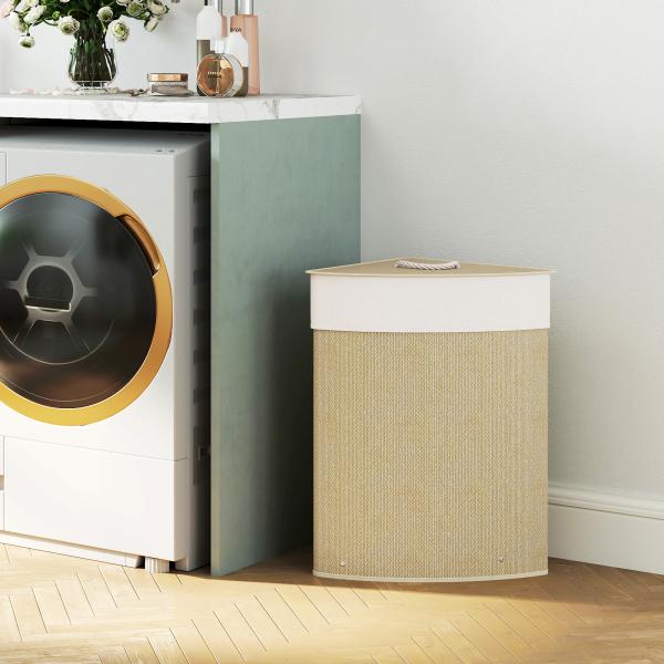 Cesto para Roupa Suja de Bambu de 55L com Tampa e Asa Saco Extraível e Lavável para Casa de Banho Quarto, 35x35x60 cm Creme
