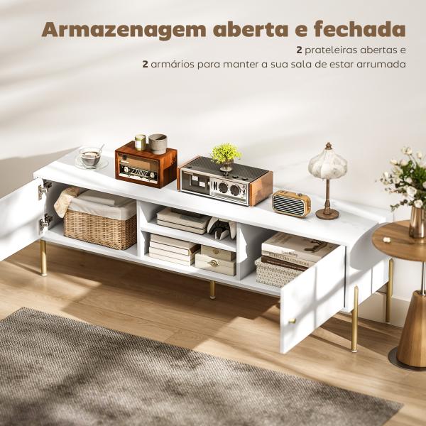 Móvel de TV Moderno com 2 Prateleiras Abertas Ajustáveis para Televisão 65 Polegadas 140x38x45,9 cm Branco