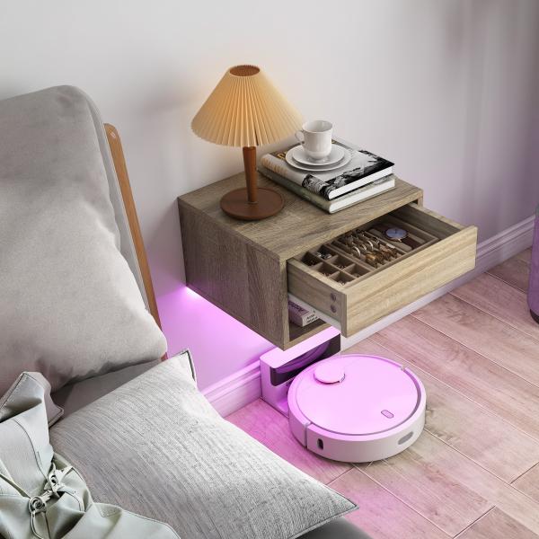 Conjunto de 2 Mesas de Cabeceira Flutuantes com Luzes LED RGB Controlo por APP e Prateleira Aberta 37x32x21 cm Madeira