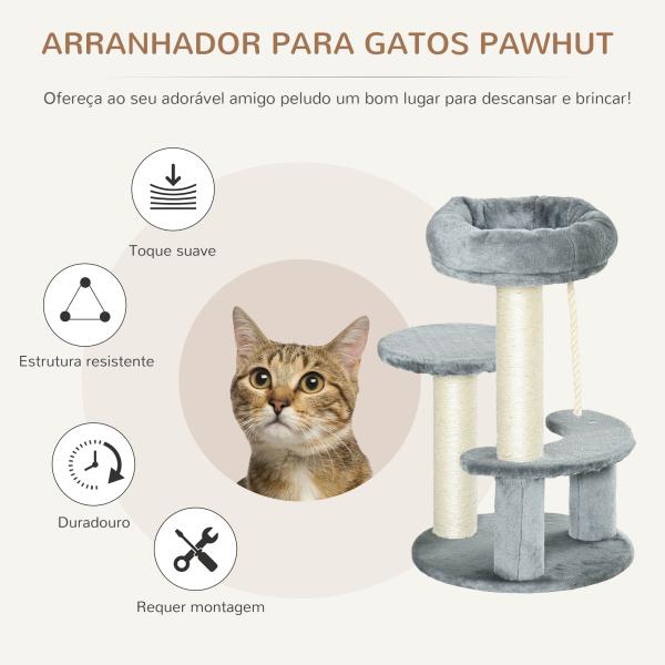 Árvore Arranhador para Gatos Ø40x65 cm com Cama Plataformas em Pelúcia Corda Suspensa e Poste com Corda de Sisal Cinza