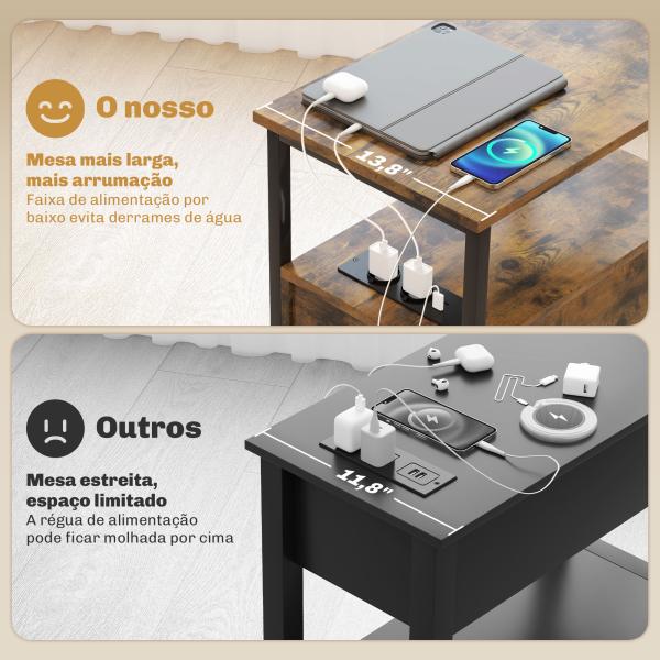 Mesa Auxiliar com Estação de Carga Entrada USB Tomada Elétrica 2 Gavetas e Prateleira 55x35x58,5 cm Marrom Rústico