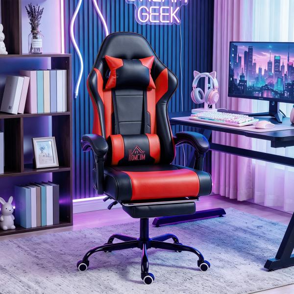 Cadeira Gamer com Massagem Lombar Vibratória Reclinável 155° Altura Ajustável Apoio de Cabeça e Apoio para os Pés Retrátil Vermelho