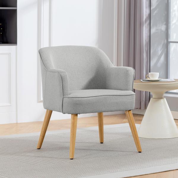 Poltrona Estilo Nórdico Estofada em Linho com Pés de Madeira para Dormitório Escritório Estúdio 64,5x65x79,5 cm Cinzento