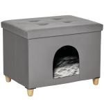 Caverna para Gatos 2 em 1 Banco para Apoio dos Pés com Tampa Removível Orifício de Entrada Almofada Lavável e Pés Elevados de Madeira para Interior 60x45x44,5cm Cinza