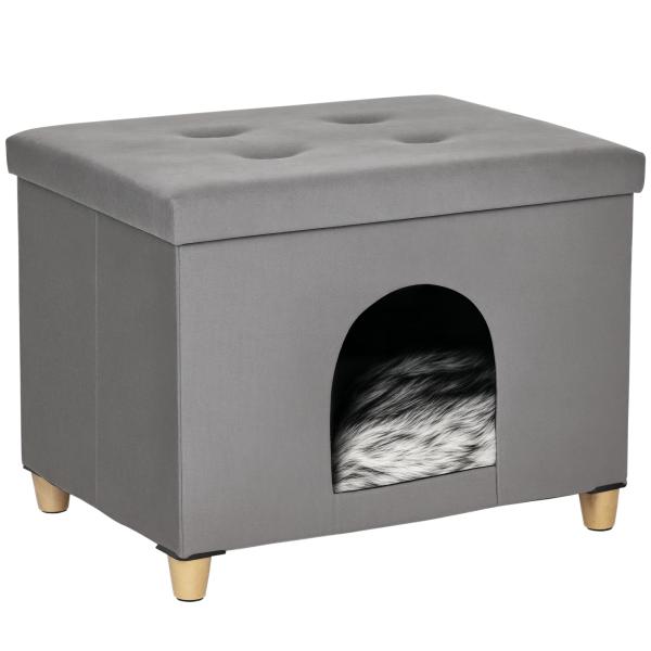 Caverna para Gatos 2 em 1 Banco para Apoio dos Pés com Tampa Removível Orifício de Entrada Almofada Lavável e Pés Elevados de Madeira para Interior 60x45x44,5cm Cinza