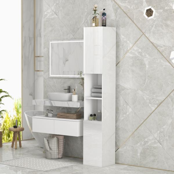 Armário Alto e Estreito para Casa de Banho com Portas e Prateleiras Ajustáveis 30x30x181,5 cm Branco Brilhante