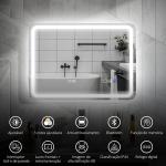 Espelho de Casa de Banho com Luz LED 70x50 cm Bluetooth 3 Cores de Luz Relógio Digital Função Antiembaciamento Memória Prata