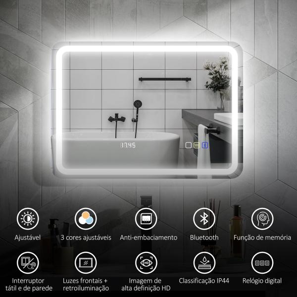Espelho de Casa de Banho com Luz LED 70x50 cm Bluetooth 3 Cores de Luz Relógio Digital Função Antiembaciamento Memória Prata