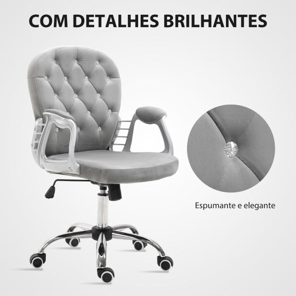 Cadeira de Escritório Estofada em Veludo Cadeira Giratória com Altura Ajustável e Decorações de Cristal 59,5x60,5x95 - 105 cm Cinzenta