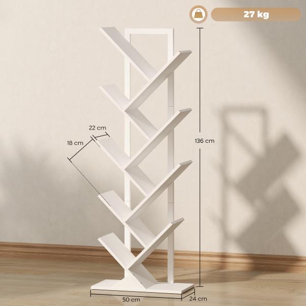 Estante em Forma de Árvore de 9 Níveis Estante de Livros com 9 Prateleiras e Estrutura de Aço 50x24x136 cm Branco