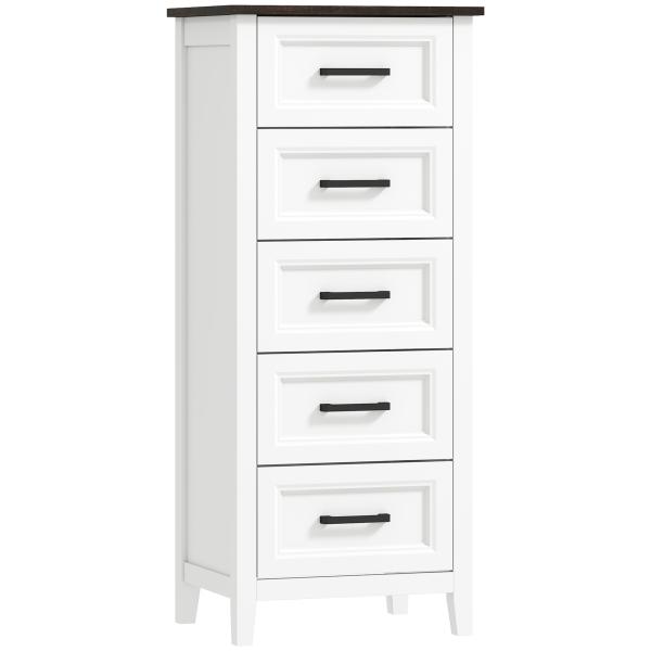 Cómoda 5 Gavetas Cómoda de Dormitório Estreita e Alta com Bancada com Efeito Madeira 45x35x106 cm Branco