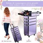 Mala de Maquilhagem Professional com Rodas Universais Diferentes Níveis e Alça Extensível 33,5x23x76 - 95,5 cm Roxo
