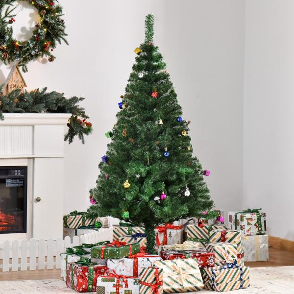 Árvore de Natal Artificial 150cm Ignífugo com 420 Ramos 48 Decorações Folhas de PVC e Suporte Metálico Verde