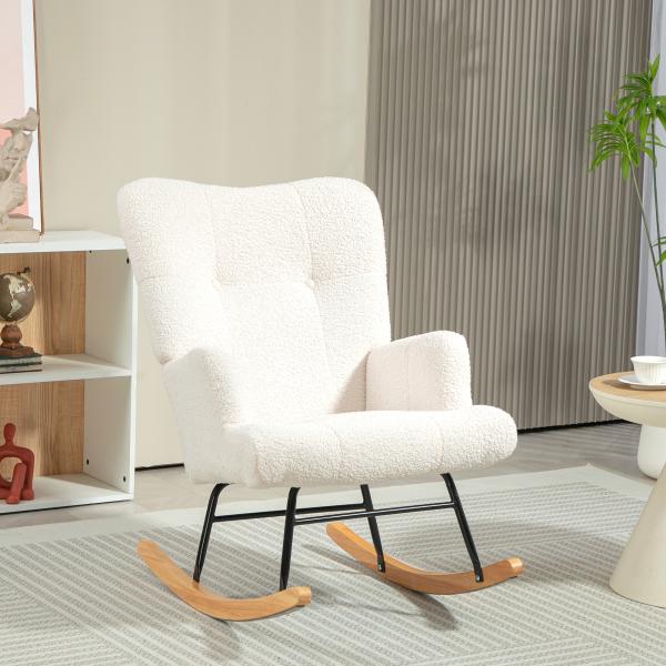 Poltrona Baloiço em Borrego Poltrona para Amamentação com Encosto Capitonê e Base de Madeira 65x88x87 cm Creme