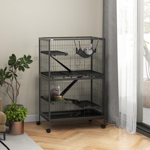 Gaiola para Roedores 80x52x128 cm Casa de 4 Alturas com Rampas Suspensa Rede Bandeja Removível Rodas Cinza Escuro