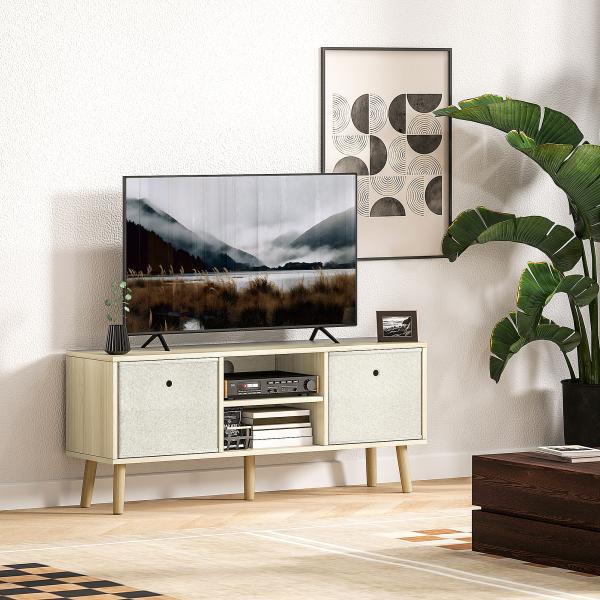 Móvel de TV para Televisores de até 50 Polegadas com 2 Gavetas de Tecido 2 Prateleiras Abertas 110x29x46,5 cm Madeira Clara e Bege
