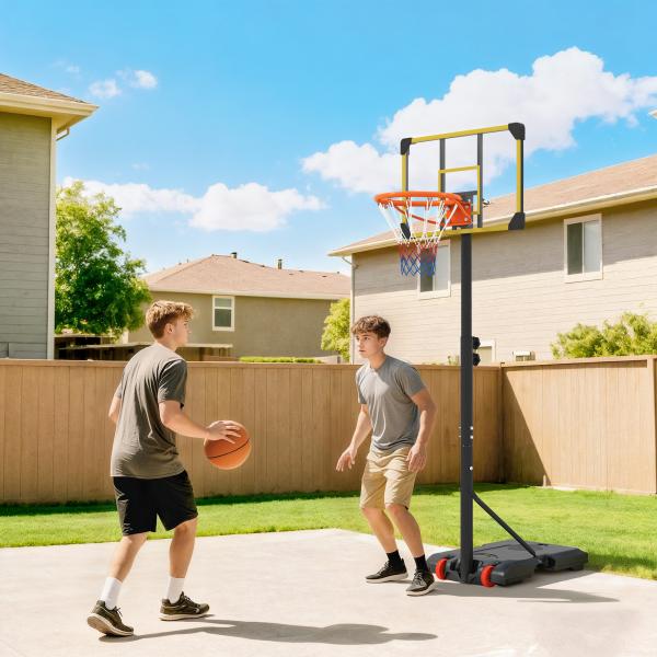 Tabela de Basquetebol com Altura Ajustável 178 - 208 cm Rodas Base Recarregável para Exterior 75x56x210 - 240 cm Amarelo e Preto