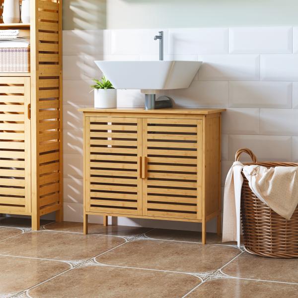 Móvel para Lavatório Pousar de Bambu com 2 Portas Armário Casa de Banho de Chão 66x29x61,5cm Madeira