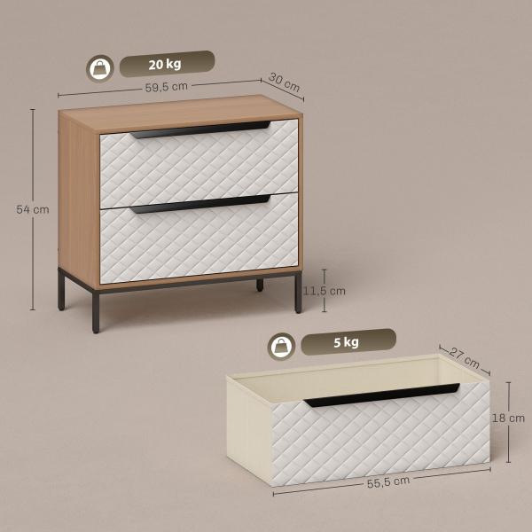Cómoda com 2 Gavetas de Tecido Frentes com Padrão de Diamante Móvel de Arrumação 59,5x30x54 cm Madeira e Branco