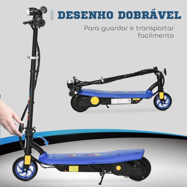 Trotinete Elétrica Dobrável com Velocidade Máx. 12 km/h Motor 120 W Autonomia Máxima 10 km e Farol LED 75x48x93 - 105 cm Azul