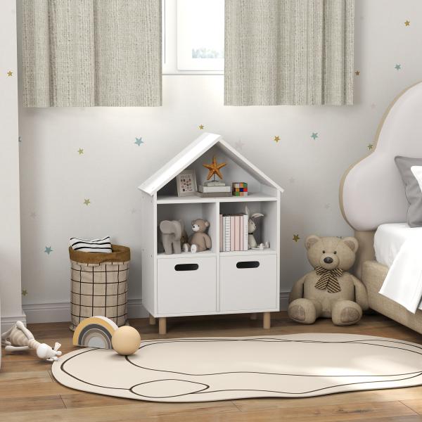 Estante para Livros Infantil de 3 Níveis em Forma de Casa com 3 Prateleiras e 2 Armários, para Crianças dos 3 aos 8 Anos, Branco