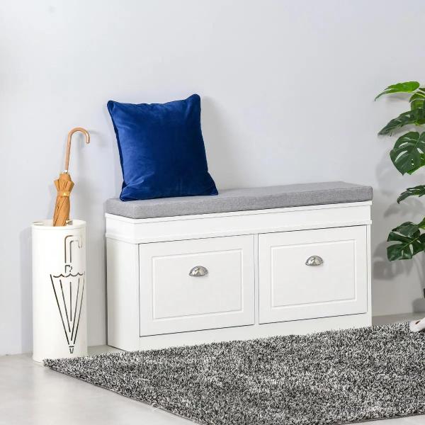 Banco Sapateira com Armazenamento para 8 Pares de Sapatos com 2 Gavetas Prateleiras Ajustáveis e Almofada 104x24x55cm Branco