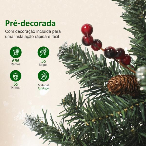 Árvore de Natal Slim 210 cm com Luzes LED 8 Modos de Iluminação 656 Ramos com Purpurina Prateada Pinhas e Bagas Verde