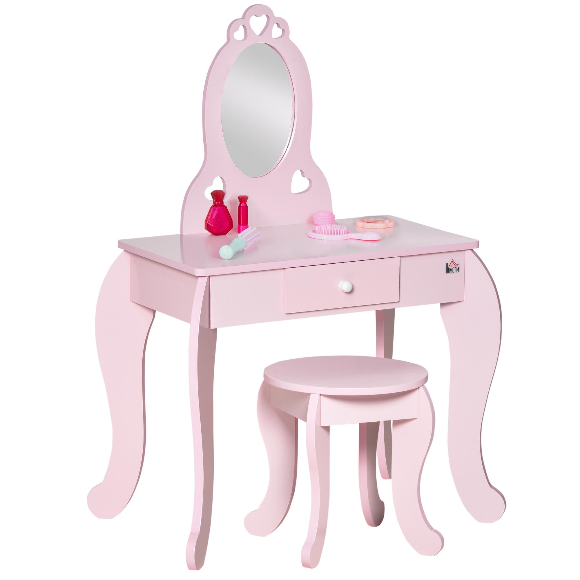 Toucador Infantil com Banco e Espelho Estilo Princesa Mesa de Maquilhagem Infantil com Gaveta 60x36x88cm Rosa