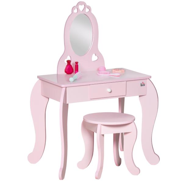 Toucador Infantil com Banco e Espelho Estilo Princesa Mesa de Maquilhagem Infantil com Gaveta 60x36x88cm Rosa