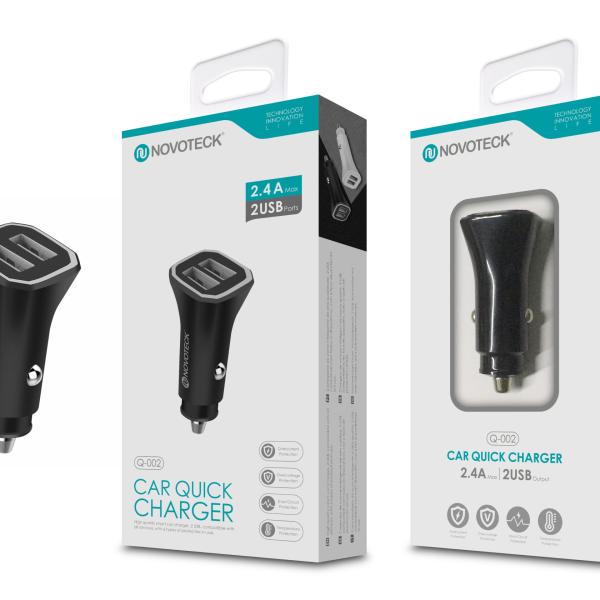 Carregador Rápido Automóvel 2.4A com Dupla Porta USB Negro Q - 002