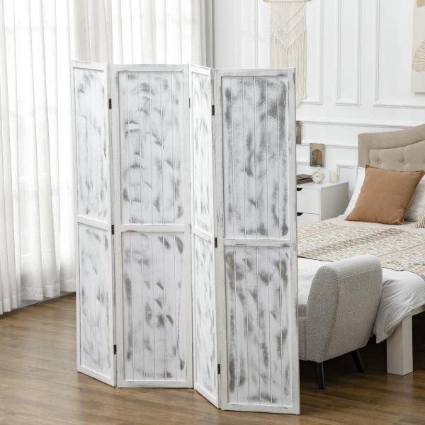Biombo Dobrável de 4 Painéis Separador de Ambientes Elegante para Dormitórios Sala de Estar 160,5x170cm Branco Rústico