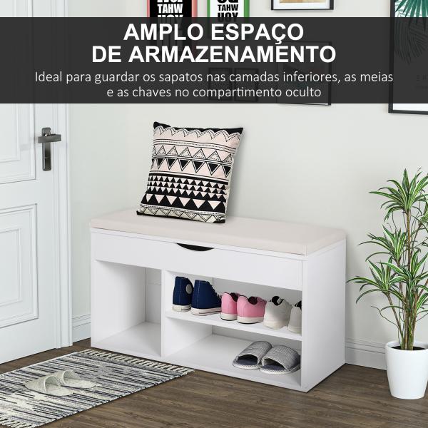 Banco Sapateira com Armazenamento Gaveta Prateleira e Assento Acolchoado para Entrada Estilo Moderno 80x30x47cm Branco
