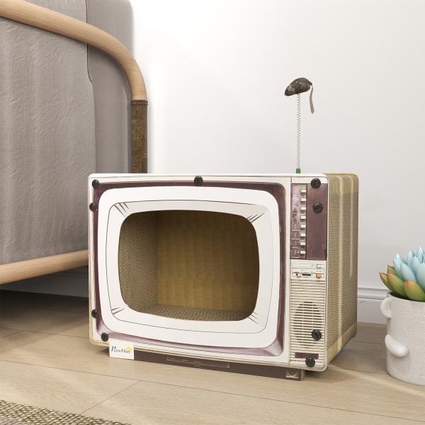 Arranhador de Cartão para Gatos Casa para Gatos em Forma de Televisor com Rato de Brinquedo 43x23x32,5 cm Areia