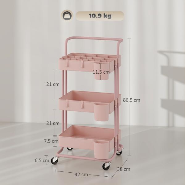 Carrinho de Cozinha Carrinho de Armazenamento com 4 Ganchos 3 Cestas Removíveis 3 Caixas Suspensas 42x38x86,5 cm Rosa