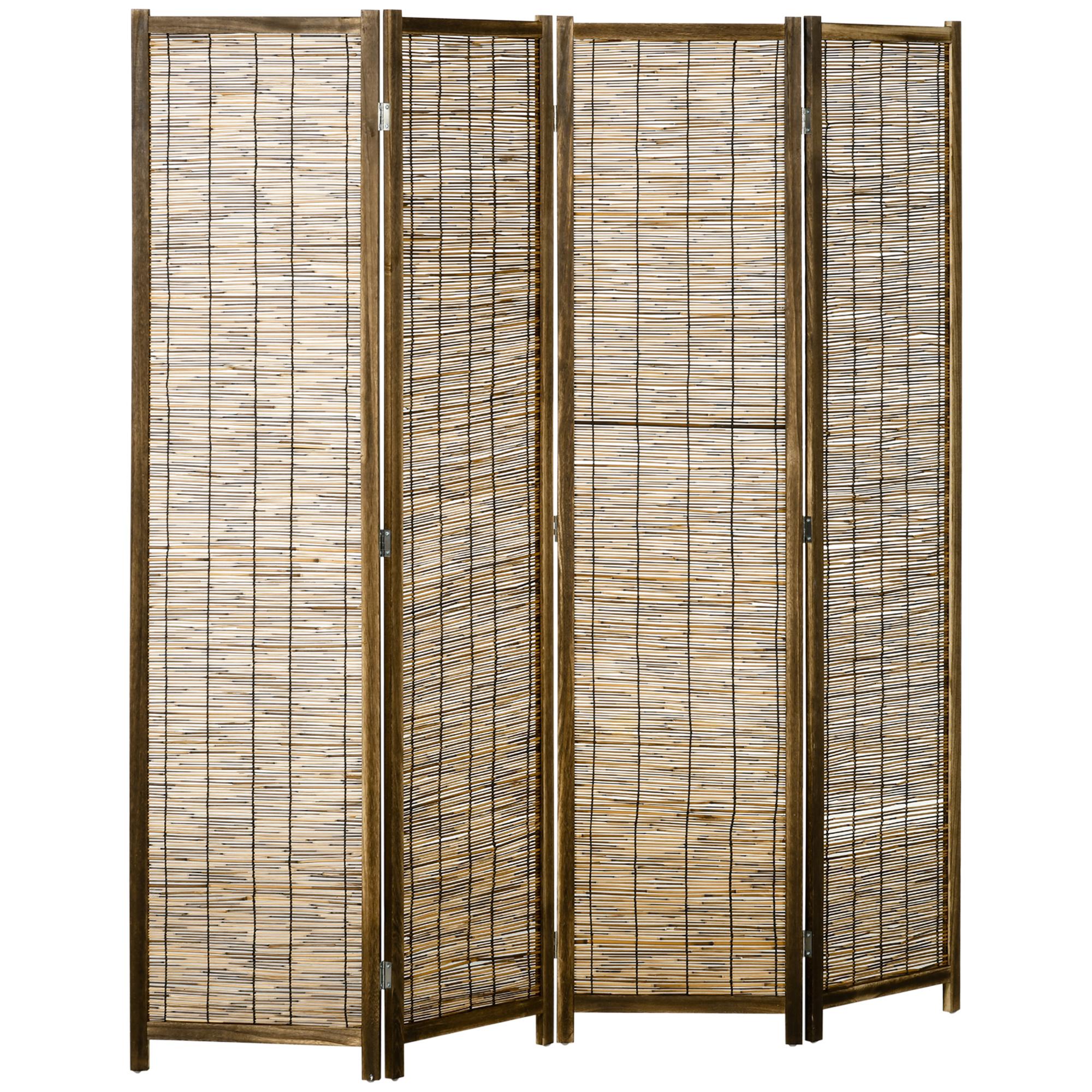 Biombo de 4 Painéis Separador de Ambientes Dobrável 160x1,8x170 cm Divisor de Ambientes de Madeira e Caniço Madeira