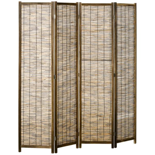 Biombo de 4 Painéis Separador de Ambientes Dobrável 160x1,8x170 cm Divisor de Ambientes de Madeira e Caniço Madeira