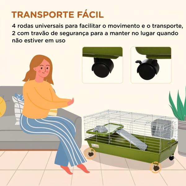 Gaiola para Pequenos Animais com Rodas, Bebedouro, Comedouro e Dispensador de Feno, para Coelhos e Porquinhos - da - Índia, 89x44x43 cm, Verde