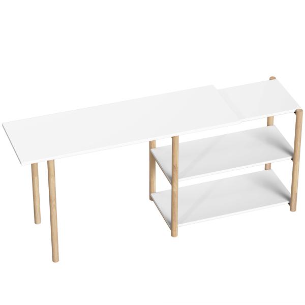 Secretária de Canto Dobrável em L 150 cm com Prateleiras e Estrutura em Bambu para Quarto e Estúdio, Branco