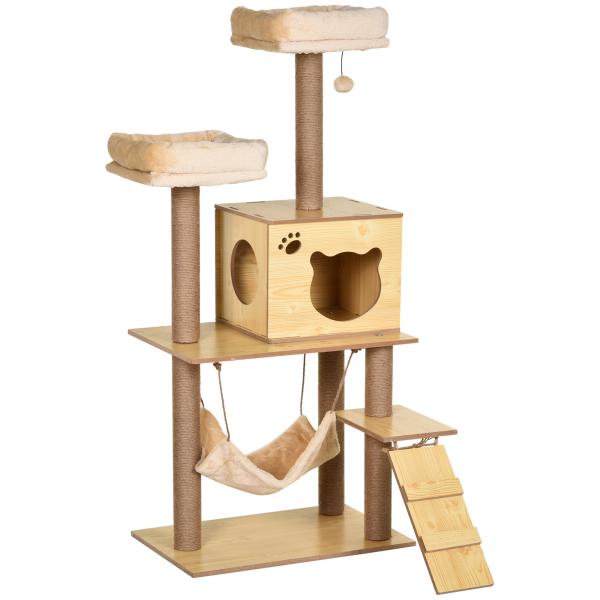 Arranhador para Gatos com Poste de Arranhar de Juta 2 Camas Rede Caverna Bola Suspensa Rede e Rampa 60x40x130 cm Madeira