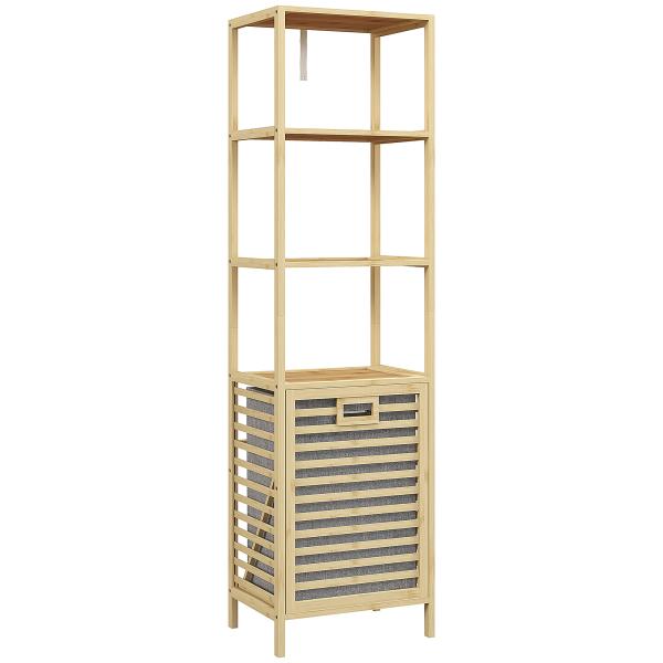 Estante de Casa de Banho em Bambu com 3 Prateleiras e 1 Cesto para Roupa Suja Removível 44x33x160 cm Natural
