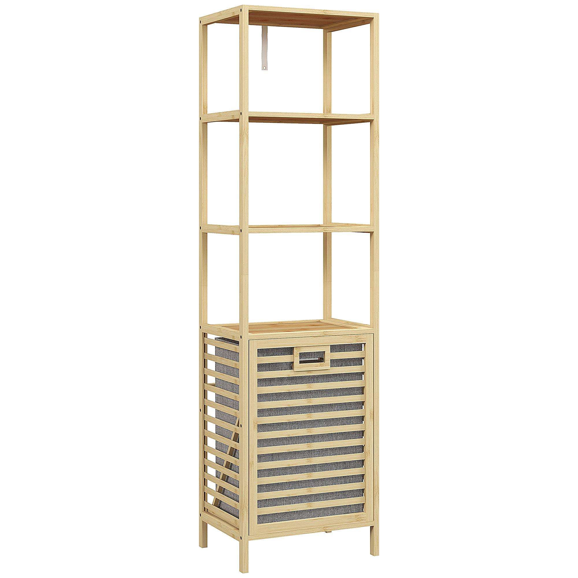 Estante de Casa de Banho em Bambu com 3 Prateleiras e 1 Cesto para Roupa Suja Removível 44x33x160 cm Natural