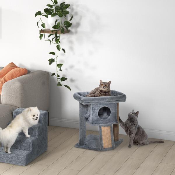 Arranhador para Gatos Pequenos Arranhador para Gatos com Poste de Juta Rampa Caverna e Bola Suspensa 40x40x57 cm Cinza