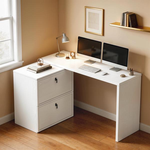 Secretária Reversível em Forma de L com 2 Gavetões Arquivadores Design Moderno para Espaços Pequenos Escritório Branco