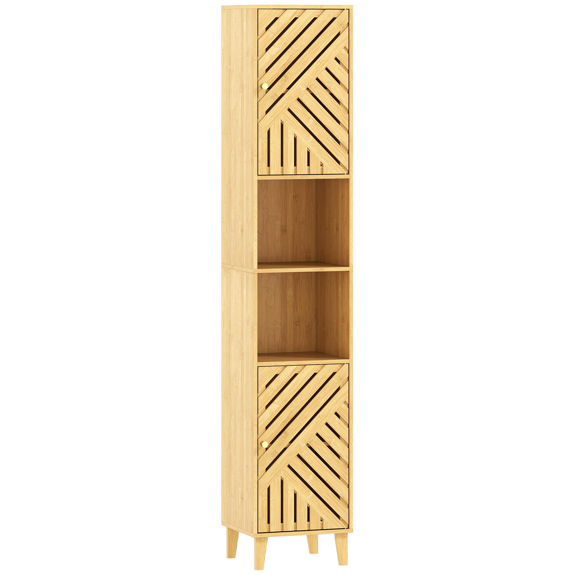 Coluna de Casa de Banho Estreita Armário de Casa de Banho Alto com Portas e Pés de Bambu 32x30x170 cm Madeira